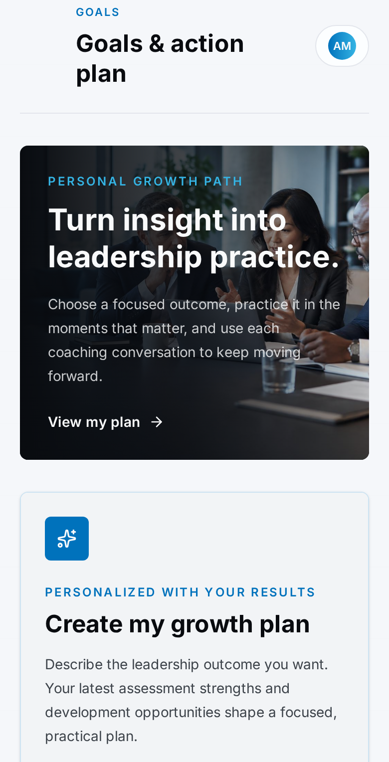 A leader's Goals and action plan screen on a phone, showing personal development goals and the next action steps