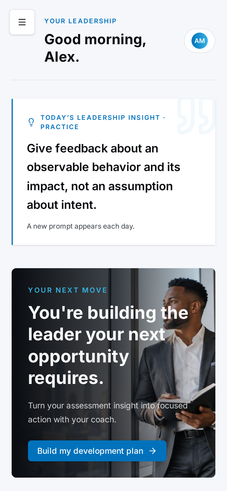 Positioned4Success™ mobile home showing a daily leadership insight and the leader's next step