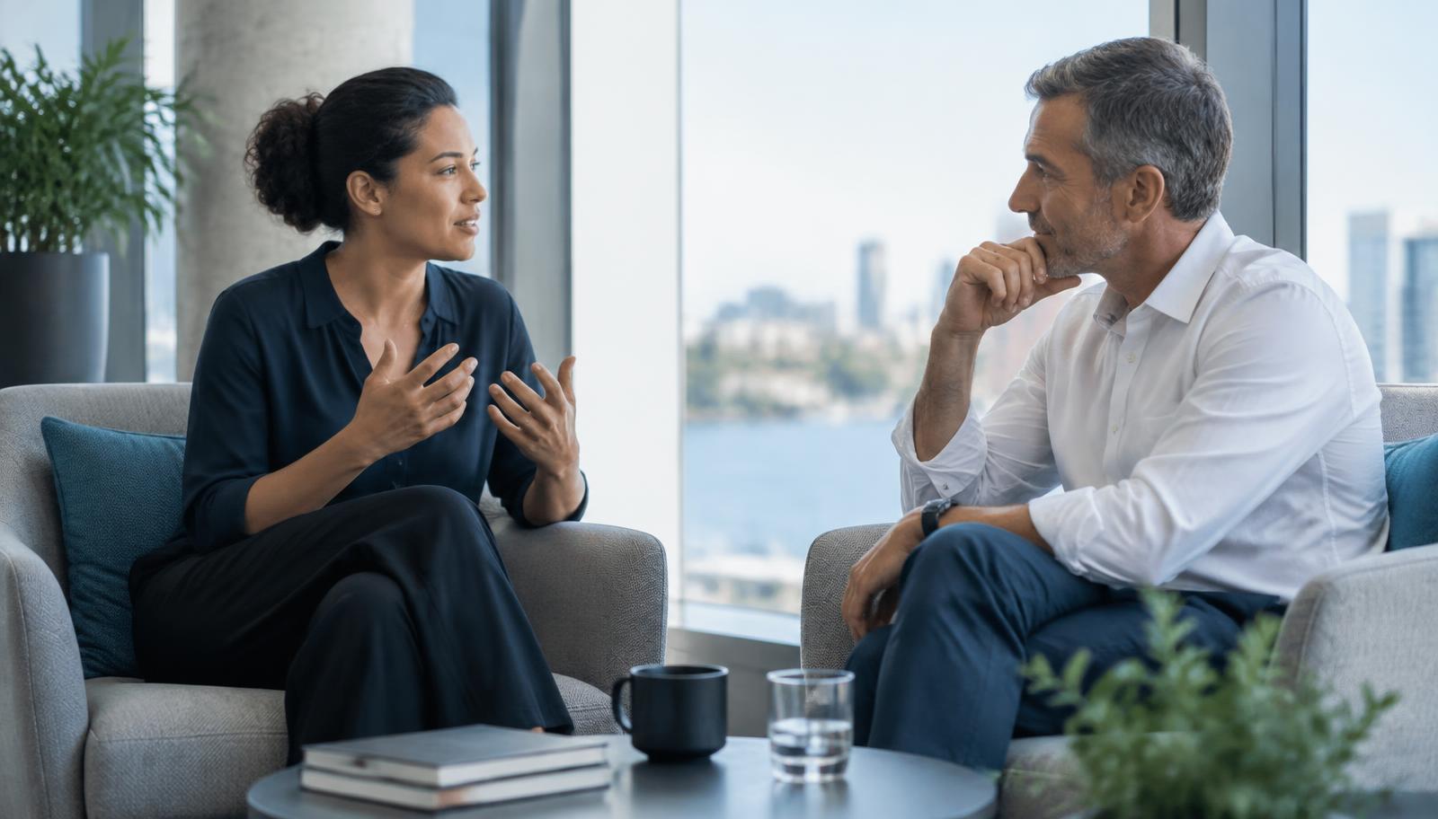 A leader in a focused coaching conversation