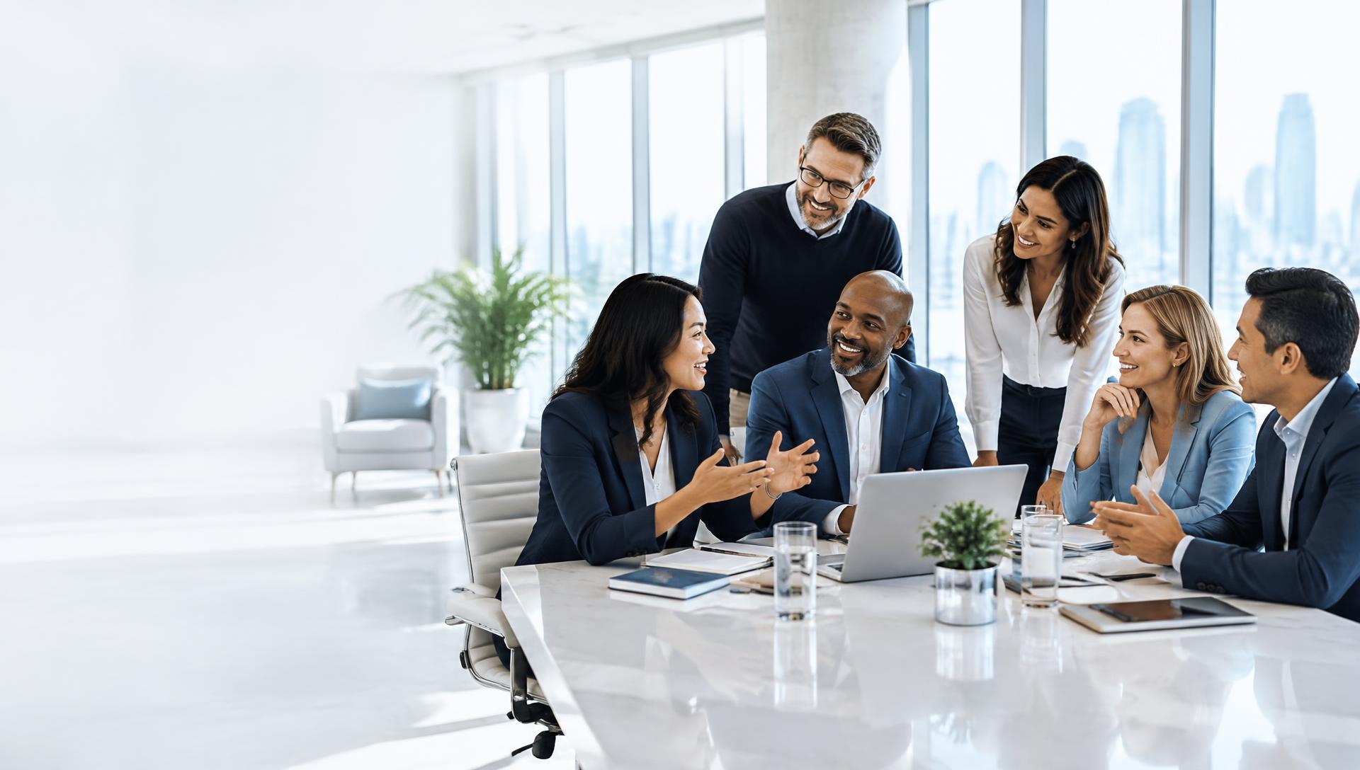 A diverse group of professionals collaborating on leadership strategy